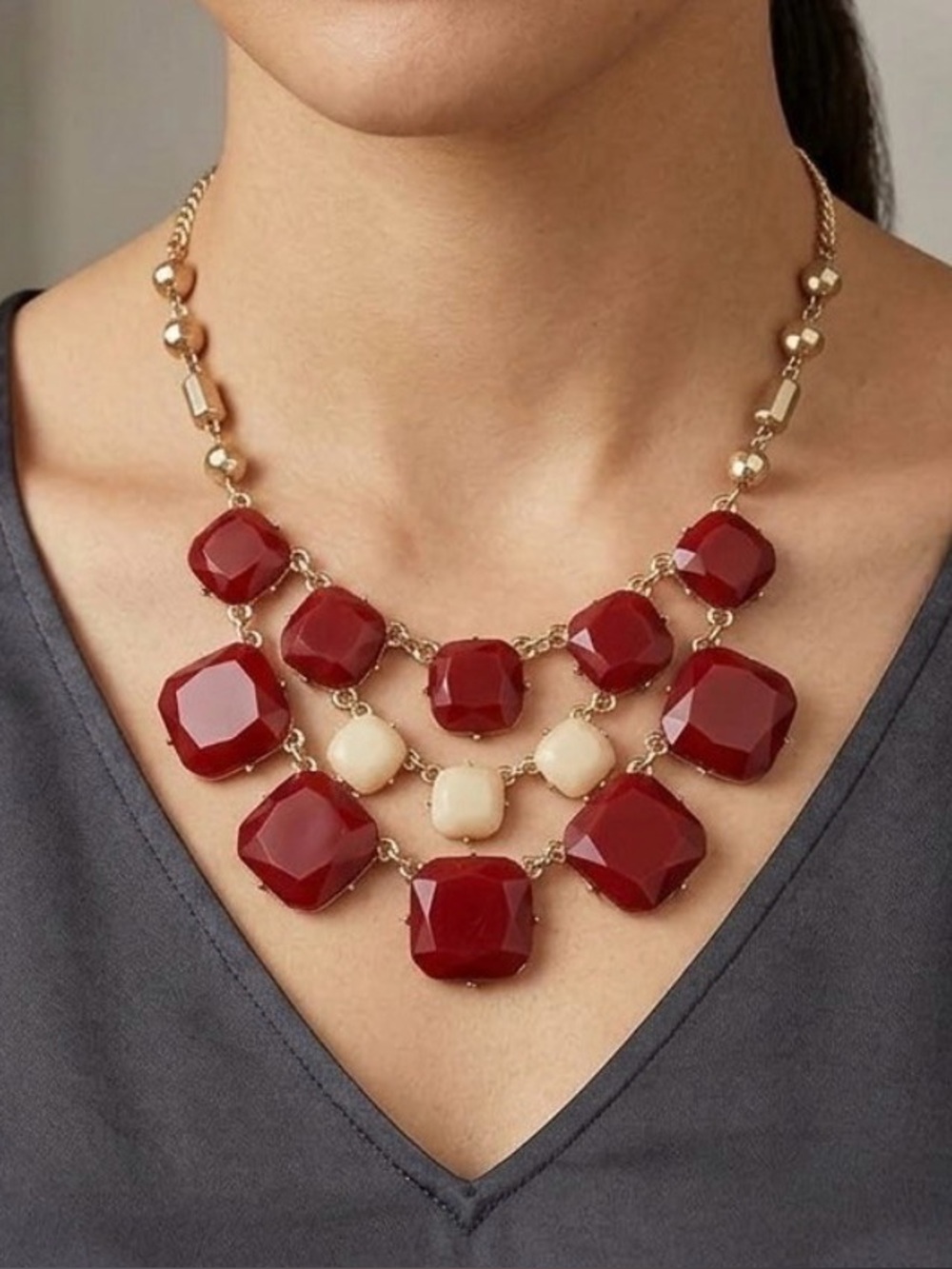 Gold-Tone Red & Cream Statement Bib Necklace - Women Jewelry